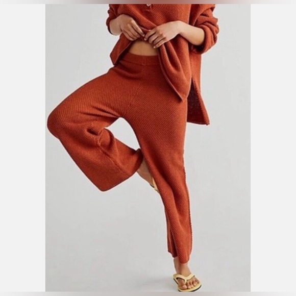 Free People Wide Leg Ribbed Knit Texture Pull On Lounge Terracotta Pants Size M - Picture 1 of 9